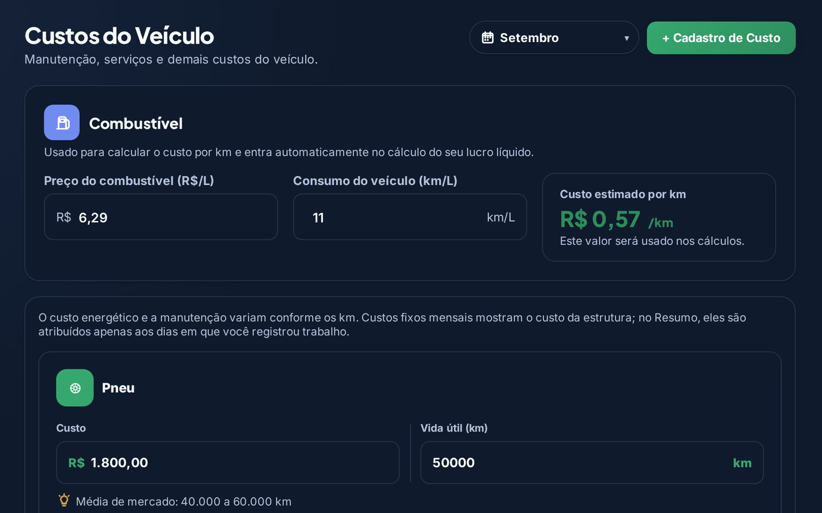 Tela de custos do veículo com combustível, pneu e troca de óleo